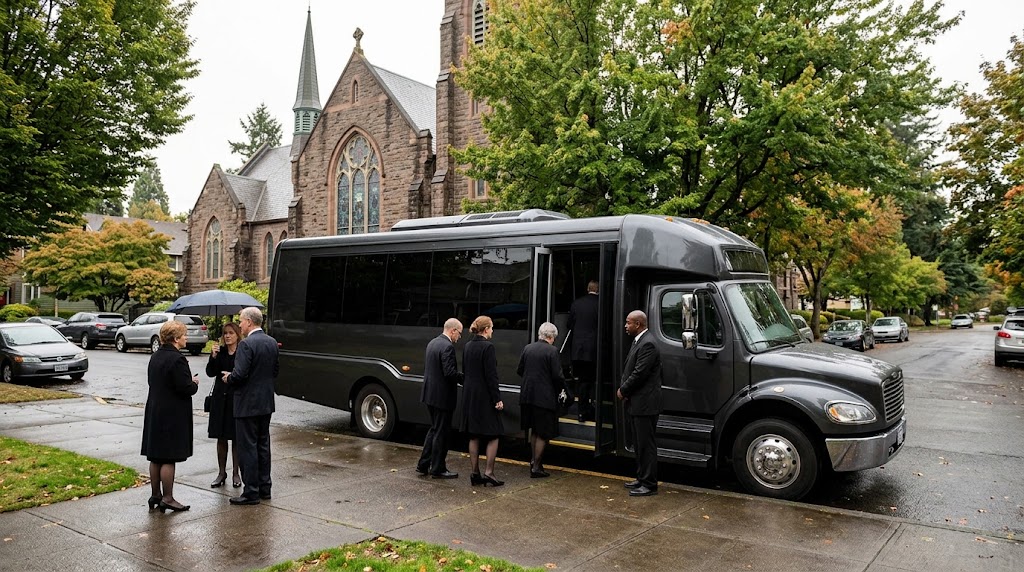 How do Portland churches and organizations arrange group transportation for a funeral?