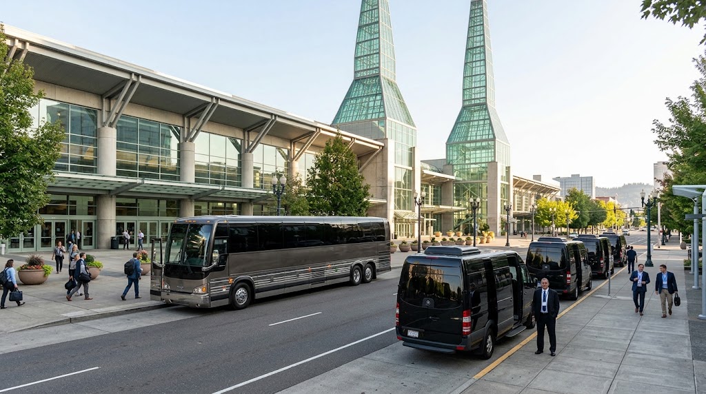 How do you plan group transportation for a corporate event at the Oregon Convention Center?