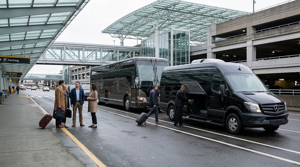 Which Portland airport transportation services handle large groups and corporate travel?
